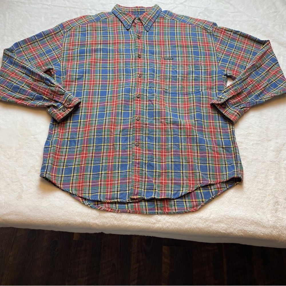 Structure Plaid Ted, Green, Blue and Yellow Flannel Button Down Shirt Size L